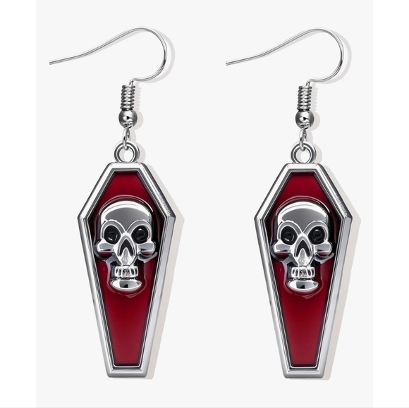 Hot Topic Jewelry - NEW Hot Topic Red & Silver Coffin Gothic Style Dangle Drop Earrings w/ Skulls